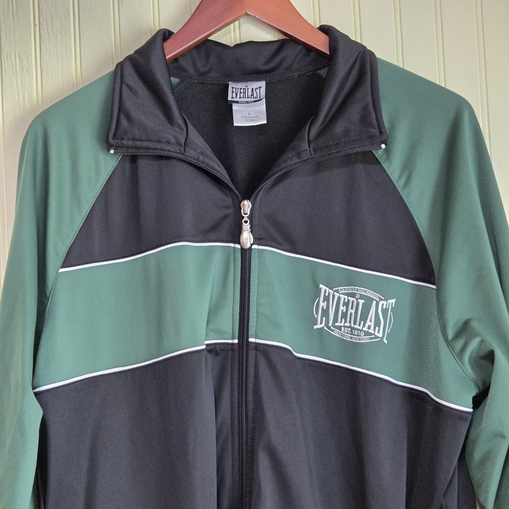 Everlast Track Jacket Mens Large Black Green Full Zip Stand Collar Logo Athletic